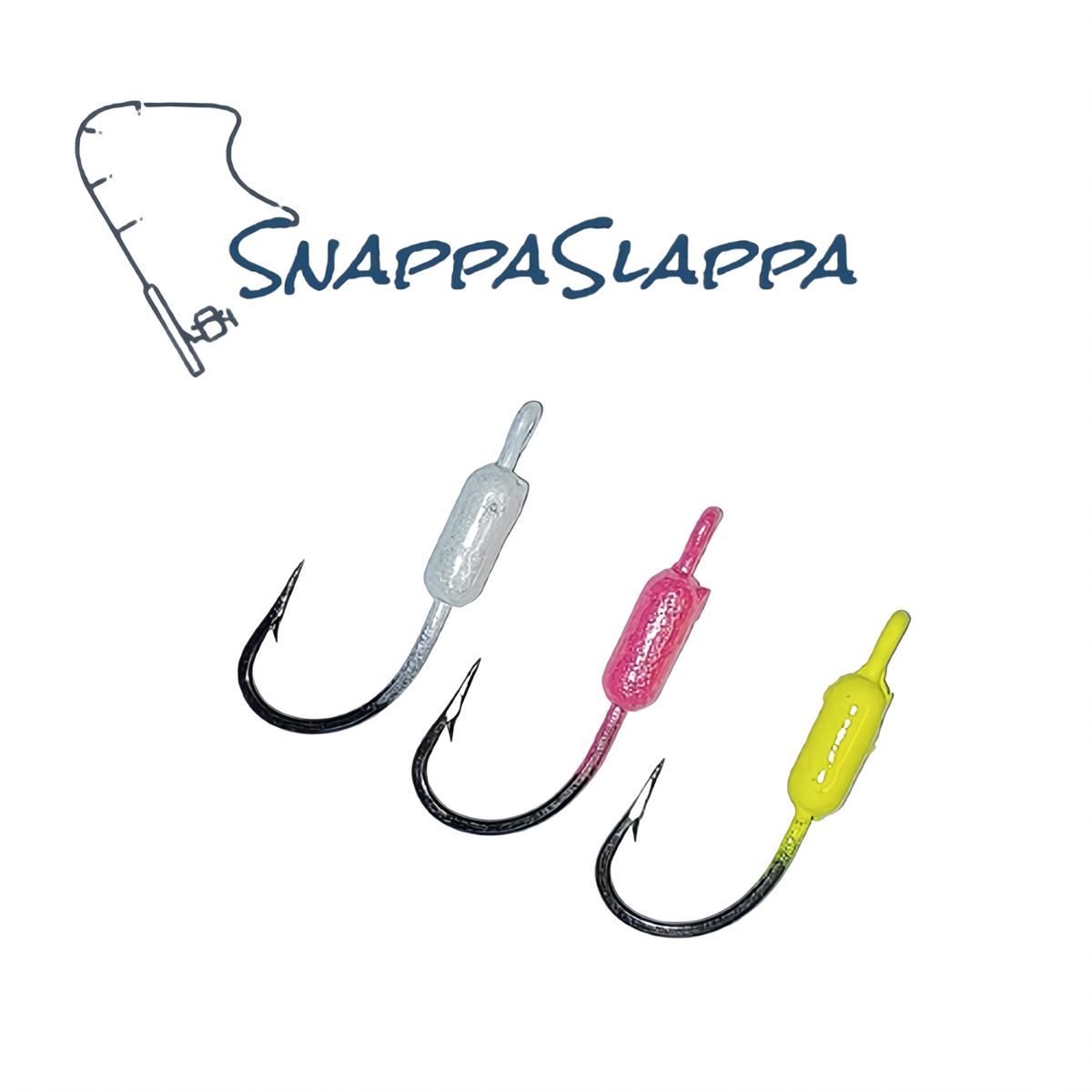Three SnappaSlappa saltwater fishing jigs in silver, pink, and yellow colors.